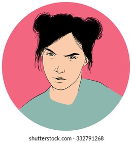 Closeup portrait of a frowning woman, being angry and mad, isolated on white background. Vector illustration.