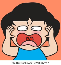 Closeup Portrait Of A Frustrated Young Woman Yell With Screaming Mouth Concept Card Character illustration
