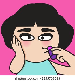 Closeup Portrait Of A Funny Curious Girl Trying On A New Lip Colors Concept Card Character illustration