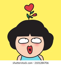 Closeup Portrait Of Funny Girl With Heart Growing On Her Head. The Feeling Of Love Concept Of Spring SUmmer Mood Card Character illustration