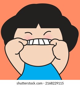 Closeup Portrait Of A Funny Young Girl Pulling Mouth Into A Smile Concept Card Character illustration