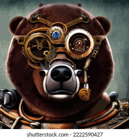 Close-up portrait of a futuristic bear. Abstract grizzly bear. Steampunk animal.