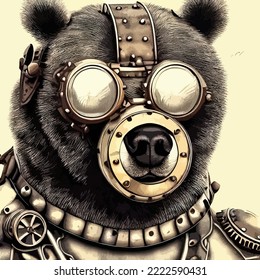 Close-up portrait of a futuristic bear. Abstract grizzly bear. Steampunk animal.