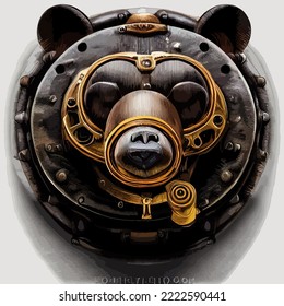 Close-up portrait of a futuristic bear. Abstract grizzly bear. Steampunk animal.