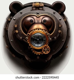 Close-up portrait of a futuristic bear. Abstract grizzly bear. Steampunk animal.