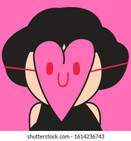 Closeup Portrait Of Girl With Cute Heart Shape Mask In Pink Concept Card Character illustration
