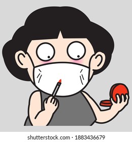 Closeup Portrait Of Girl Doing Make Up Lips Paints In Red On Top Her Face Mask Concept Card Character illustration