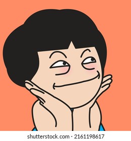Closeup Portrait Of A Girl With Funny Smiling While Resting Head On Her Hands Concept Card Character illustration