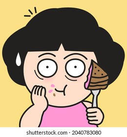 Closeup Portrait Of A Girl Hand Holding A Piece Of Cake On Fork With Shocked Face And Shame For Mistake. Expression Of Fear, Scared In Silence, Secret Eating Concept Card Character illustration