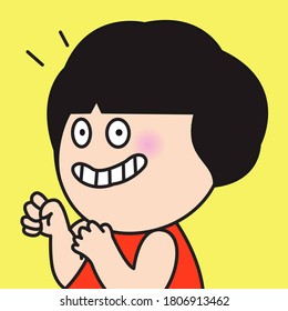 Closeup Portrait Of Girl With Happy Face Holding Hands In Fists Concept Card Character illustration