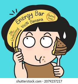 Closeup Portrait Of A Girl is Holding An Energy Bar Real Banana On The Right And A Piece Of Cake On Her Left With Shocked Face And Shame For Mistake. Expression Of Guilty Eating Concept Card Character