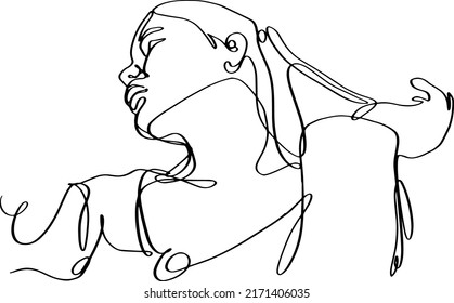 Close-up portrait of girl holding a lock of hair in her fingers. Three-quarter view from below. Single line vector illustration