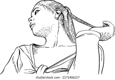 Close-up portrait of girl holding a lock of hair in her fingers. Three-quarter view from below. Black and white vector illustration.