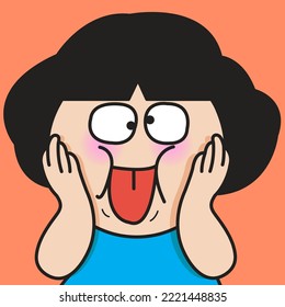 Closeup Portrait Of Girl Making Or Pulling A Funny Face With Hands On Cheek Concept Card Character illustration