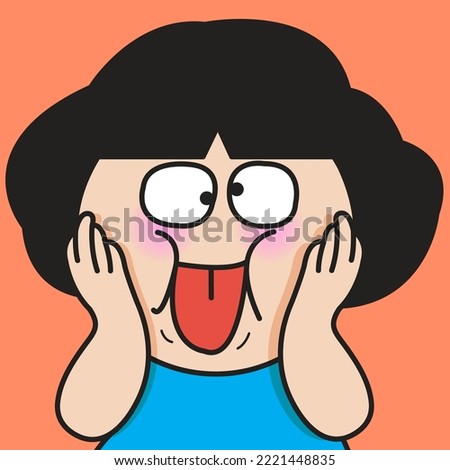 Closeup Portrait Of Girl Making Or Pulling A Funny Face With Hands On Cheek Concept Card Character illustration