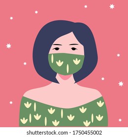 
Closeup portrait of a girl in a mask on a pastel background. Cartoon vector flat illustration. modern Art. Fashionable clothes design. Female medical mask. Casual wear style.
