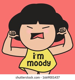 Closeup Portrait Of Girl Pointing At Herself Saying "I'm Moody" On Red Concept. Character for Card illustration