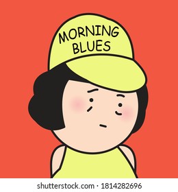 Closeup Portrait Of Girl With Sad Face Wearing Morning Blues Cap Concept Card Character illustration