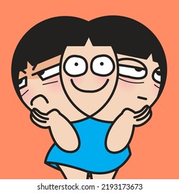 Closeup Portrait Of A Girl With Three Mood Face In Her One Head Concept Card Character illustration