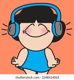 Closeup Portrait Of Girl Wearing Headphones Listening To Music Looking Up With Smile On Face Concept Card Character illustration