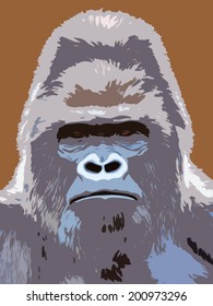 Closeup portrait of a gorilla male, severe silver back, on brown blur background. Most dangerous and biggest monkey of the world. Chief of a gorilla family. Oil painting vector illustration.