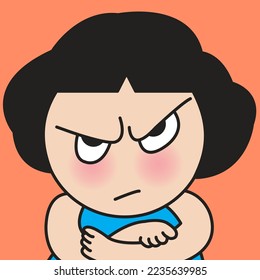 Closeup Portrait Of Grumpy Girl With Angry Eyes Crossing Arms Concept Card Character illustration
