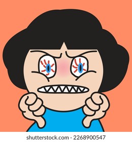 Closeup Portrait Of Grumpy Girl With Angry Eyes Gesture Thumbs Down Concept Card Character illustration