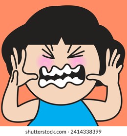 Nahaufnahme eines Portraits eines grauschigen Mädchens mit vollen Unglauben in der Luft, Open Mouth Concept Card Zeichengrafik