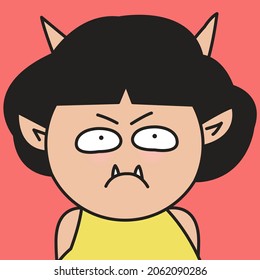 Nahaufnahme eines Porträts von Grumpy Girl mit Monster-Gesicht-Concept-Kartenzeichen-Abbildung