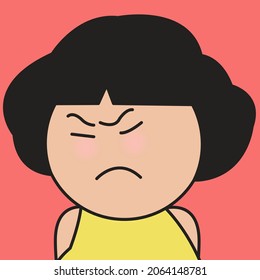 Closeup Portrait Of Grumpy Girl With Moody Face Concept Card Character illustration