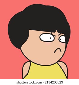 Closeup Portrait Of A Grumpy Girl With Unfriendly Face Concept Card Character illustration