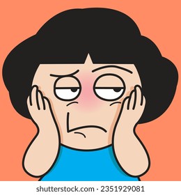 Closeup Portrait Of A Grumpy Sleepy Girl With Bored Face Concept Card Character illustration