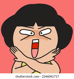 Closeup Portrait Of Grumpy Woman Cross Hands Say No Concept Card Character illustration