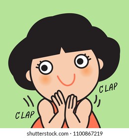 Closeup Portrait Happy Girl Clapping Hands Applause To Express Enjoyment And Appreciation Concept Card Character illustration