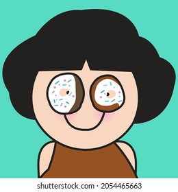 Closeup Portrait Of Happy Girl With Donut Eyes Concept Card Character illustration