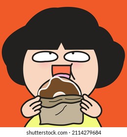 Closeup Portrait Of Happy Girl Is Enjoy Eating Donut Concept Card Character illustration
