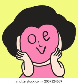 Closeup Portrait Of Happy Girl With Face From Word Love On Heart Shaped Facemark Concept Card Character illustration