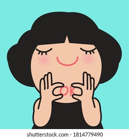 Closeup Portrait Of Happy Girl Showing Okay Text Concept Card Character illustration