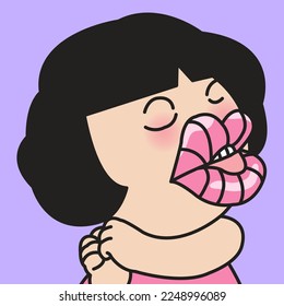 Closeup Portrait Of Happy Girl's Giant Lips Pouting And Blowing A Kiss. Wearing Bright Pink Lipstick Concept Card Character illustration