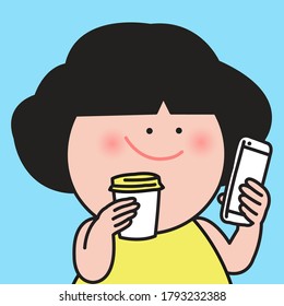 Closeup Portrait Happy Smiling Girl Holding A Cup Of Hot Coffee And Smardphone In Hands Concept Card Character illustration
