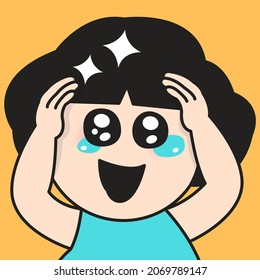 Closeup Portrait Of Happy Surprised Girl With Tear, Touching Her Own Head Concept Card Character illustration
