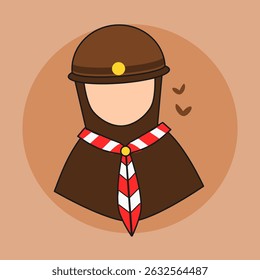 Close-up Portrait of Indonesian Girl Scout in Brown Uniform and Red Scarf. Flat Character on Solid Background