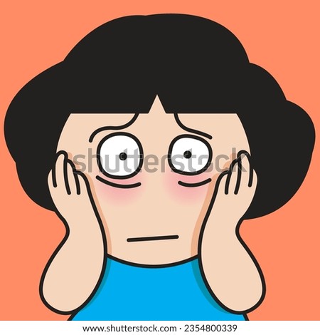 Closeup Portrait Of An Insecure Scared Girl In Panic And Placing Hands On Cheeks from Fear As Looking Straight Concept Card Character illustration