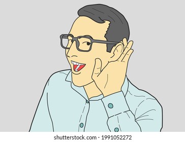 Closeup portrait of joyful young handsome man looking at camera and holding hand near ear. hand drawn style vector design illustrations.