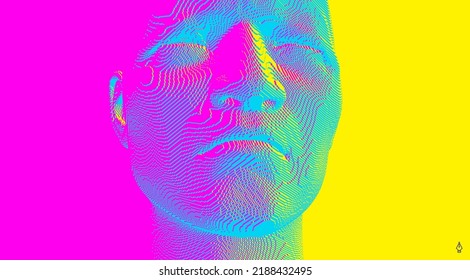 Closeup portrait of man with his eyes closed. 3d voxelized face. Vector illustration. Design for presentations, flyers or posters. 