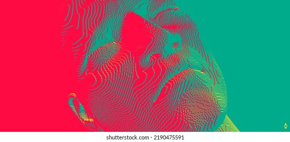 Closeup portrait of man with his eyes closed. 3d voxelized face. Vector illustration. Design for presentations, flyers or posters. 