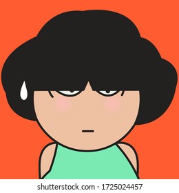 Closeup Portrait Of Moody Girl Get Stuck With Her Long Or Grown Out Bangs. Woman Can't Get Long Fringe Out Of Her Face During Quarantine Concept Card Character illustration
