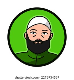 close-up portrait of muslim male character wearing muslim cap, taqiyah. round, circle avatar icon for social media, user profile, website, app. Line cartoon style. vector illustration.