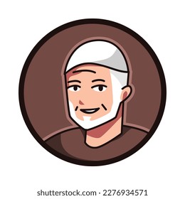 close-up portrait of muslim male character wearing muslim cap, taqiyah. round, circle avatar icon for social media, user profile, website, app. Line cartoon style. vector illustration.