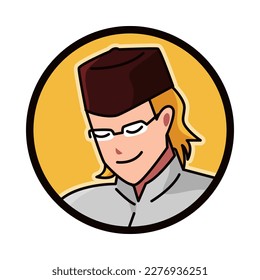 Close-up portrait of a Muslim male character wearing a Muslim cap, kopiah, songkok. round, circle avatar icon for social media, user profile, website, app. Line cartoon style. vector illustration.
